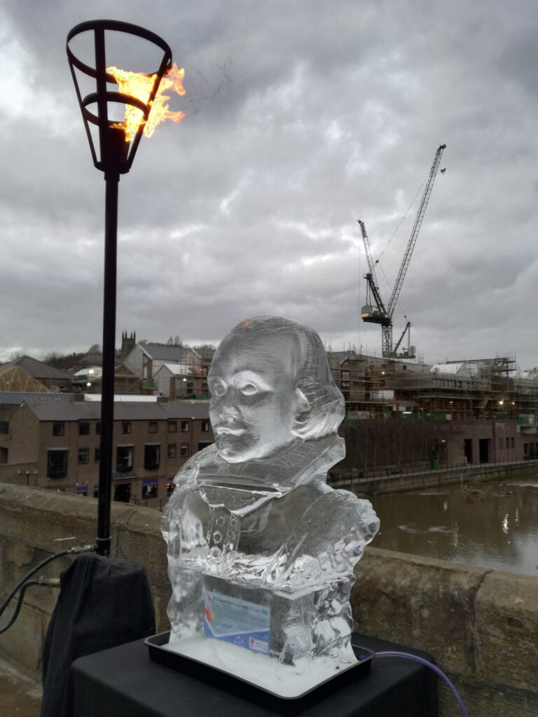 Ice sculpture of Shakespeare at Fire and Ice in Durham